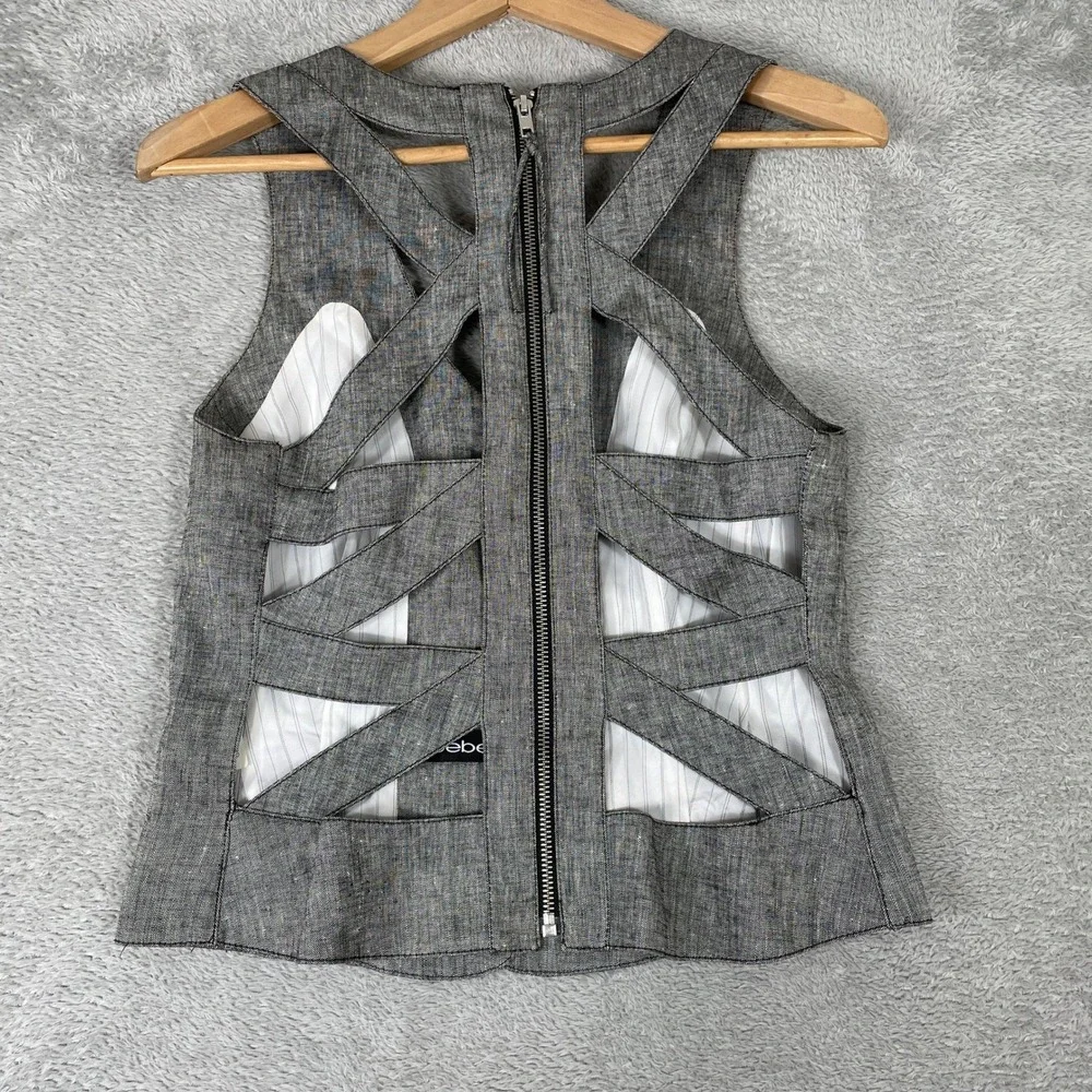 Y2K Bebe Vest Women Medium Gray Linen Blend Cage Back Button Front Waistcoat - Picture 2 of 10